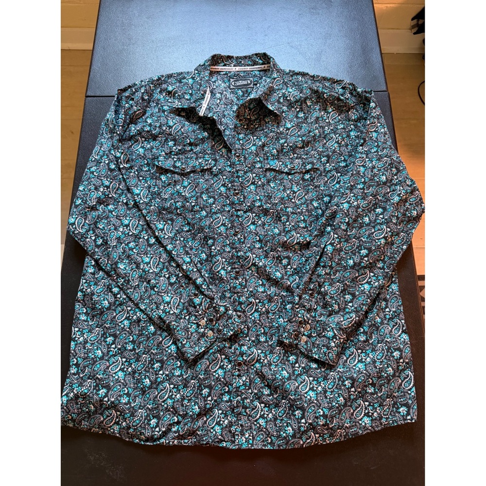 Cowboy Hardware Mens XXL Western Snap Shirt Teal Black Paisley Floral Cotton